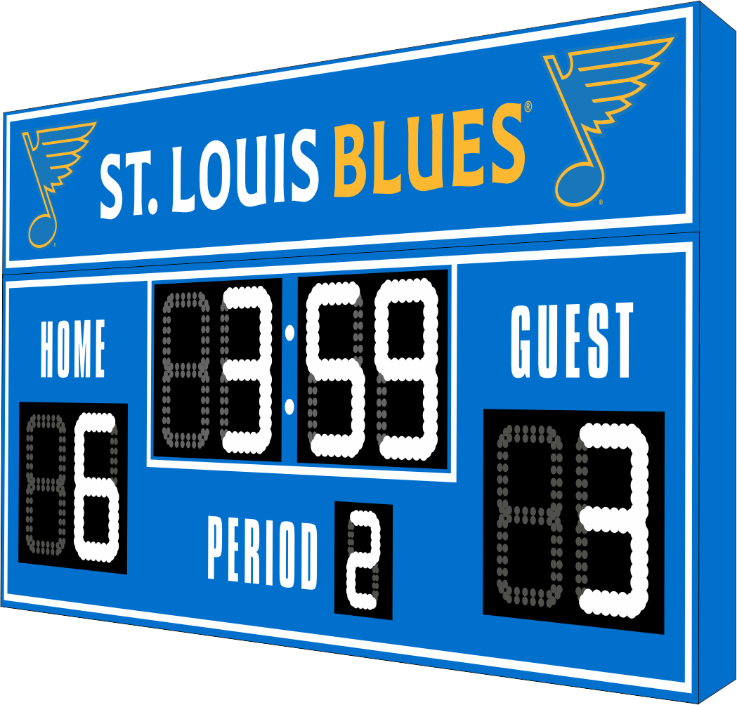 St. Louis Blues hockey scoreboard. The scoreboard is blue with white LED digits and displays time, scores for home and guest teams, and the period number. The top section includes the "St. Louis Blues" text with team logos on both sides. 