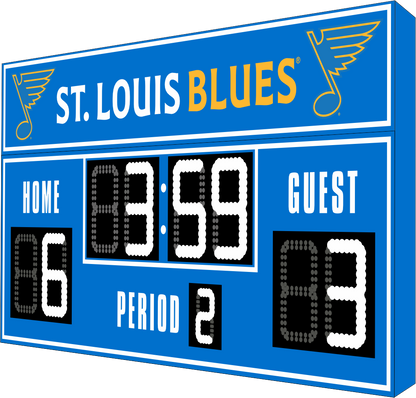 St. Louis Blues hockey scoreboard. The scoreboard is blue with white LED digits and displays time, scores for home and guest teams, and the period number. The top section includes the "St. Louis Blues" text with team logos on both sides. 