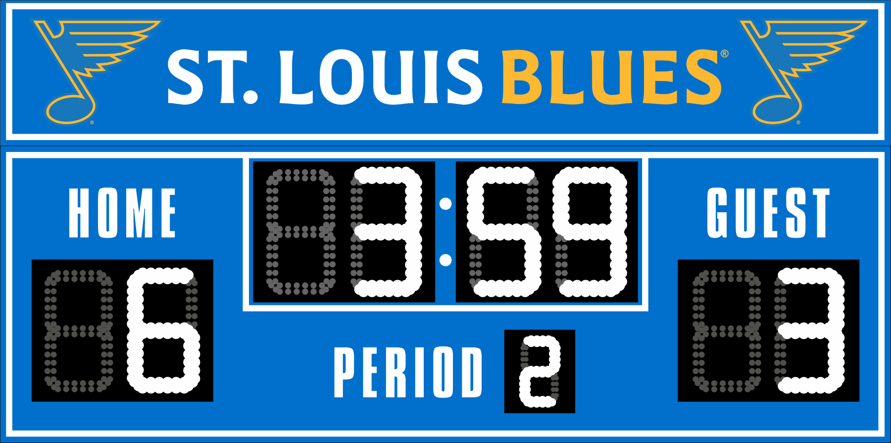 St. Louis Blues hockey scoreboard. The scoreboard is blue with white LED digits and displays time, scores for home and guest teams, and the period number. The top section includes the "St. Louis Blues" text with team logos on both sides. 