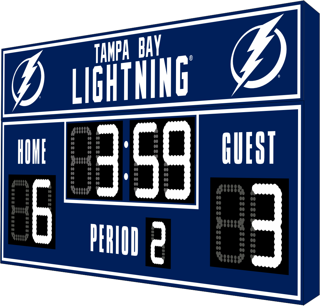 Tampa Bay Lightning hockey scoreboard. The scoreboard is navy with white LED digits and displays time, scores for home and guest teams, and the period number. The top section includes the 
