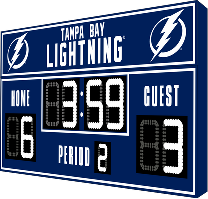 Tampa Bay Lightning hockey scoreboard. The scoreboard is navy with white LED digits and displays time, scores for home and guest teams, and the period number. The top section includes the "Tampa Bay Lightning" text with team logos on both sides. 