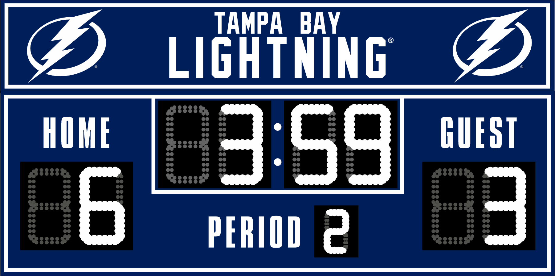 Tampa Bay Lightning hockey scoreboard. The scoreboard is navy with white LED digits and displays time, scores for home and guest teams, and the period number. The top section includes the "Tampa Bay Lightning" text with team logos on both sides. 