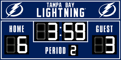 Tampa Bay Lightning hockey scoreboard. The scoreboard is navy with white LED digits and displays time, scores for home and guest teams, and the period number. The top section includes the "Tampa Bay Lightning" text with team logos on both sides. 