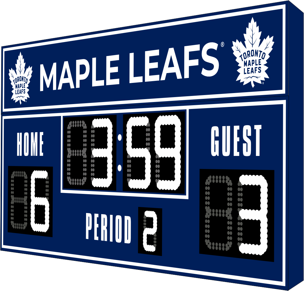 Toronto Maple Leaves hockey scoreboard. The scoreboard is navy with white LED digits and displays time, scores for home and guest teams, and the period number. The top section includes the "Toronto Maple Leaves" text with team logos on both sides. 