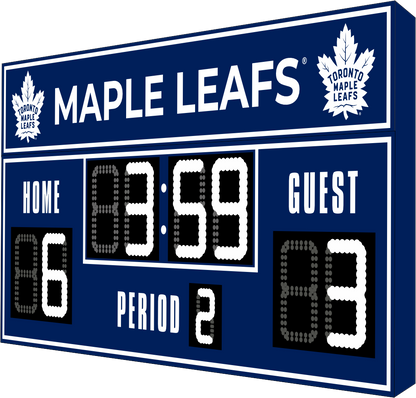 Toronto Maple Leaves hockey scoreboard. The scoreboard is navy with white LED digits and displays time, scores for home and guest teams, and the period number. The top section includes the "Toronto Maple Leaves" text with team logos on both sides. 