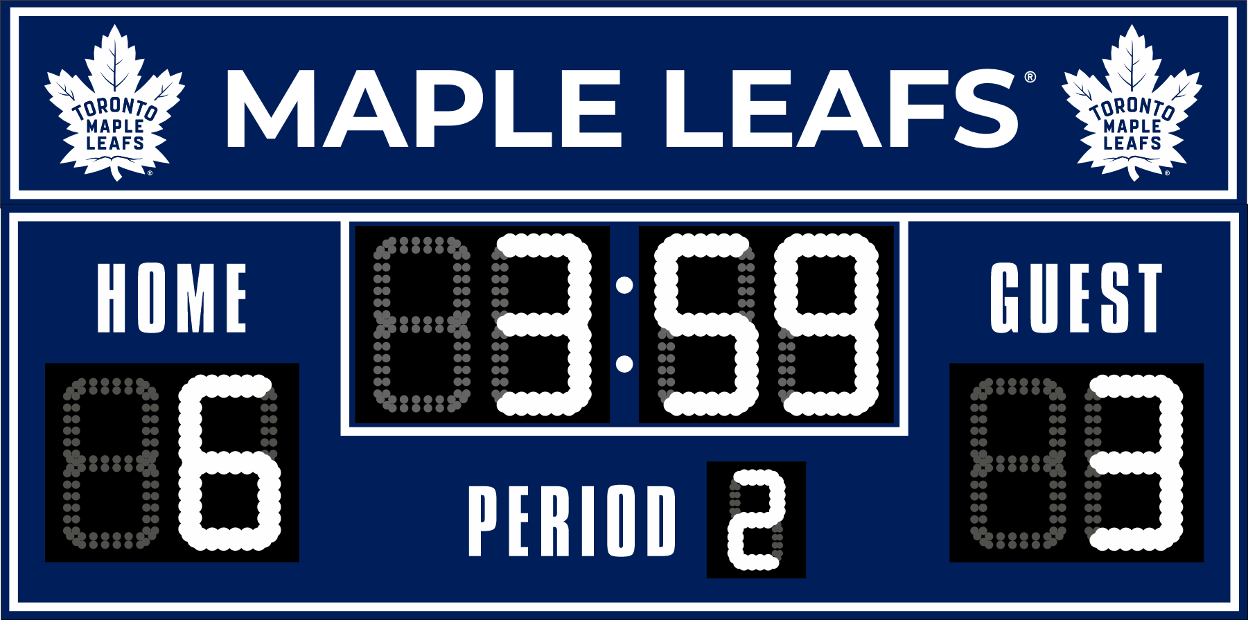 Toronto Maple Leaves hockey scoreboard. The scoreboard is navy with white LED digits and displays time, scores for home and guest teams, and the period number. The top section includes the 