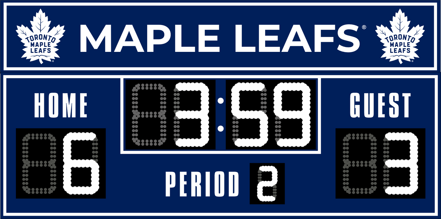 Toronto Maple Leaves hockey scoreboard. The scoreboard is navy with white LED digits and displays time, scores for home and guest teams, and the period number. The top section includes the "Toronto Maple Leaves" text with team logos on both sides. 