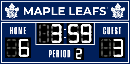 Toronto Maple Leaves hockey scoreboard. The scoreboard is navy with white LED digits and displays time, scores for home and guest teams, and the period number. The top section includes the "Toronto Maple Leaves" text with team logos on both sides. 