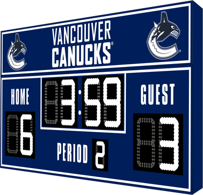 Vancouver Canucks hockey scoreboard. The scoreboard is navy with white LED digits and displays time, scores for home and guest teams, and the period number. The top section includes the "Vancouver Canucks" text with team logos on both sides. 