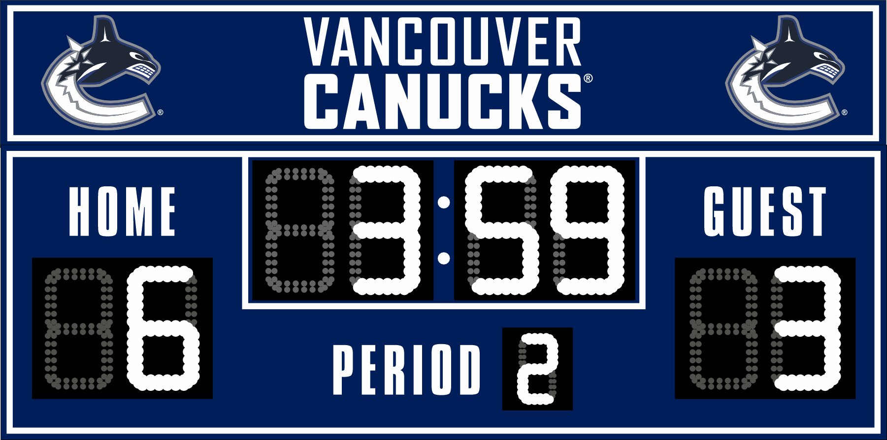Vancouver Canucks hockey scoreboard. The scoreboard is navy with white LED digits and displays time, scores for home and guest teams, and the period number. The top section includes the "Vancouver Canucks" text with team logos on both sides. 