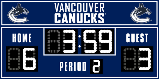 Vancouver Canucks hockey scoreboard. The scoreboard is navy with white LED digits and displays time, scores for home and guest teams, and the period number. The top section includes the "Vancouver Canucks" text with team logos on both sides. 