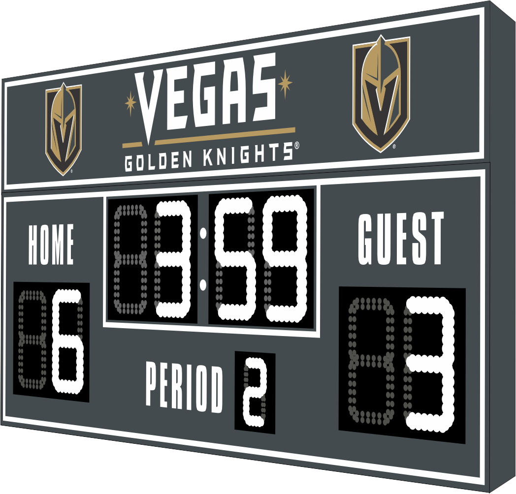 Vegas Golden Knights hockey scoreboard. The scoreboard is gray with white LED digits and displays time, scores for home and guest teams, and the period number. The top section includes the "Vegas Golden Knights" text with team logos on both sides. 