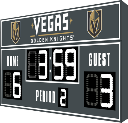 Vegas Golden Knights hockey scoreboard. The scoreboard is gray with white LED digits and displays time, scores for home and guest teams, and the period number. The top section includes the "Vegas Golden Knights" text with team logos on both sides. 