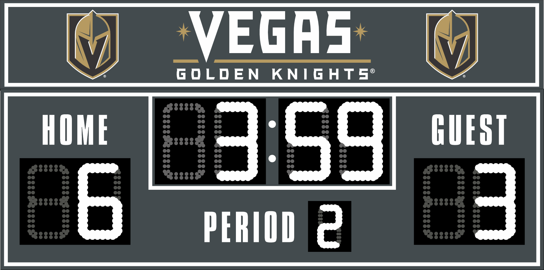 Vegas Golden Knights hockey scoreboard. The scoreboard is gray with white LED digits and displays time, scores for home and guest teams, and the period number. The top section includes the 