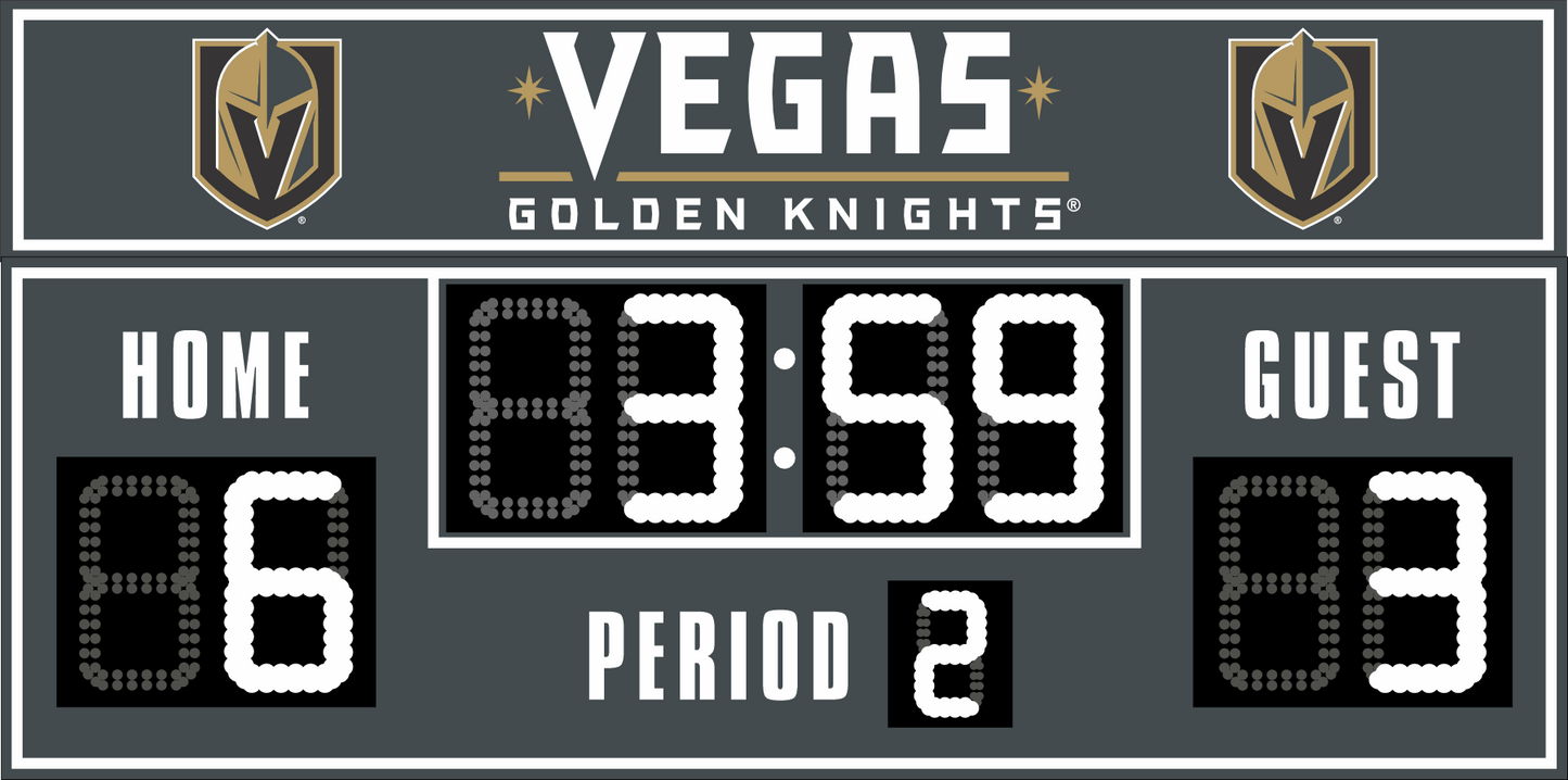 Vegas Golden Knights hockey scoreboard. The scoreboard is gray with white LED digits and displays time, scores for home and guest teams, and the period number. The top section includes the "Vegas Golden Knights" text with team logos on both sides. 
