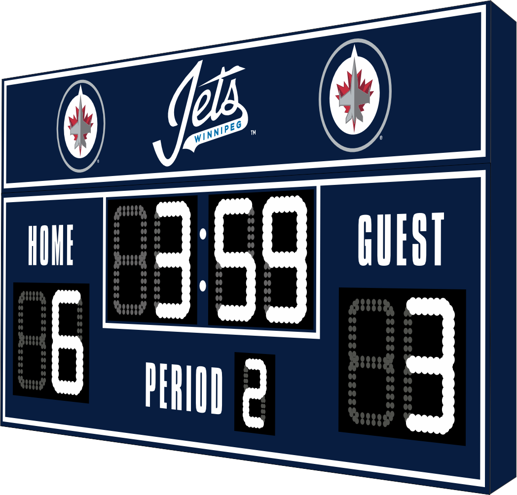 Winnipeg Jets hockey scoreboard. The scoreboard is navy with white LED digits and displays time, scores for home and guest teams, and the period number. The top section includes the 