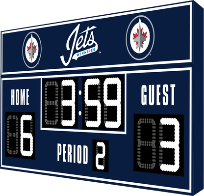 Winnipeg Jets hockey scoreboard. The scoreboard is navy with white LED digits and displays time, scores for home and guest teams, and the period number. The top section includes the "Winnipeg Jets" text with team logos on both sides.  