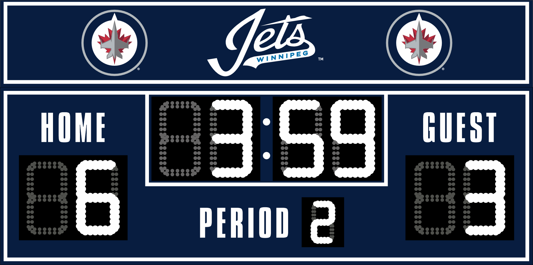 Winnipeg Jets hockey scoreboard. The scoreboard is navy with white LED digits and displays time, scores for home and guest teams, and the period number. The top section includes the 