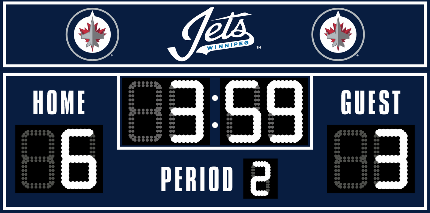 Winnipeg Jets hockey scoreboard. The scoreboard is navy with white LED digits and displays time, scores for home and guest teams, and the period number. The top section includes the "Winnipeg Jets" text with team logos on both sides.  