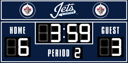 Winnipeg Jets hockey scoreboard. The scoreboard is navy with white LED digits and displays time, scores for home and guest teams, and the period number. The top section includes the "Winnipeg Jets" text with team logos on both sides.  