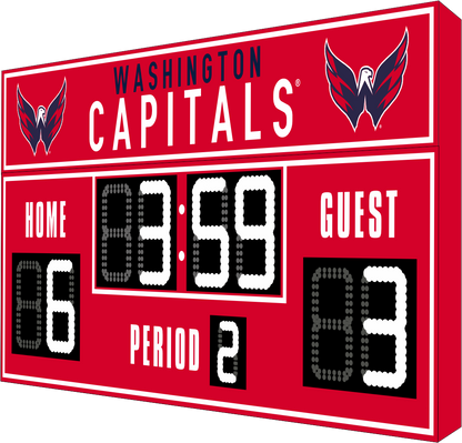 Washington Capitals hockey scoreboard. The scoreboard is red with white LED digits and displays time, scores for home and guest teams, and the period number. The top section includes the "Washington Capitals" text with team logos on both sides. 