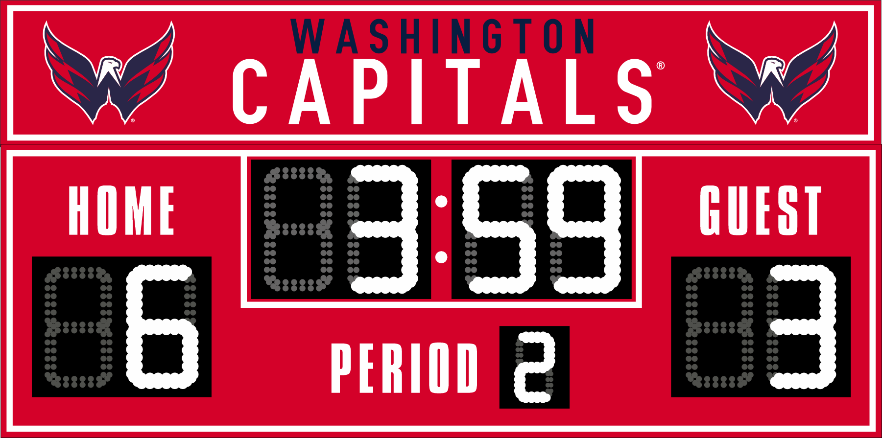 Washington Capitals hockey scoreboard. The scoreboard is red with white LED digits and displays time, scores for home and guest teams, and the period number. The top section includes the "Washington Capitals" text with team logos on both sides. 