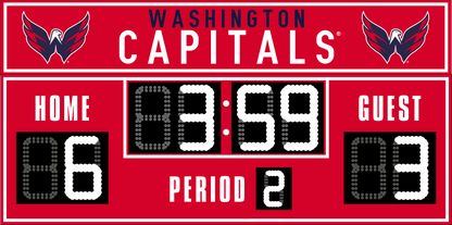 Washington Capitals hockey scoreboard. The scoreboard is red with white LED digits and displays time, scores for home and guest teams, and the period number. The top section includes the "Washington Capitals" text with team logos on both sides. 