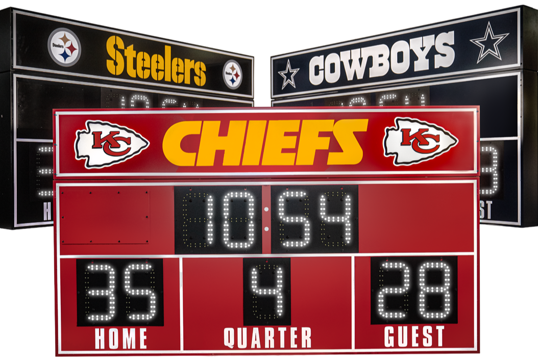 FanZone Scoreboards by Nevco, Pittsburgh Steelers, Dallas Cowboys and Kansas City Chiefs boards displayed.